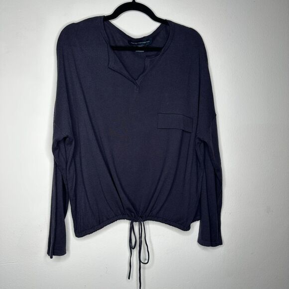 French Connection Drawstring Hem Silk Blend Long Sleeve VNeck Navy Sweater L - Picture 4 of 13